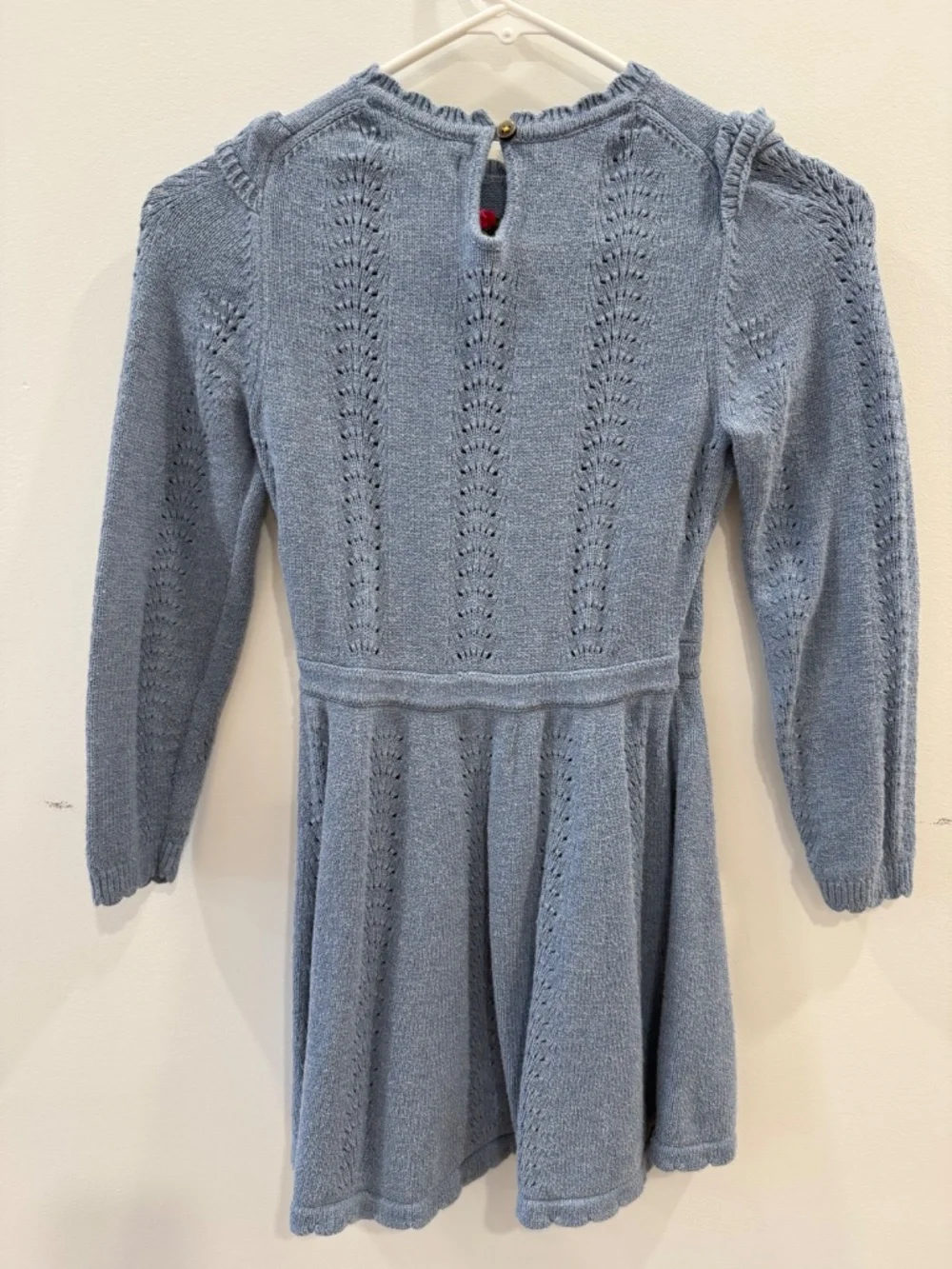 Mini Boden - Blue w/Pink Embroidered Flowers Pointelle Knitted Dress, Size 8-9y